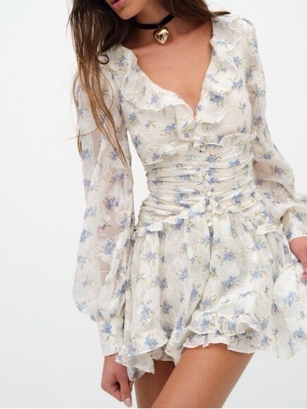For Love & Lemons Cream Dress With Blue Floral Print